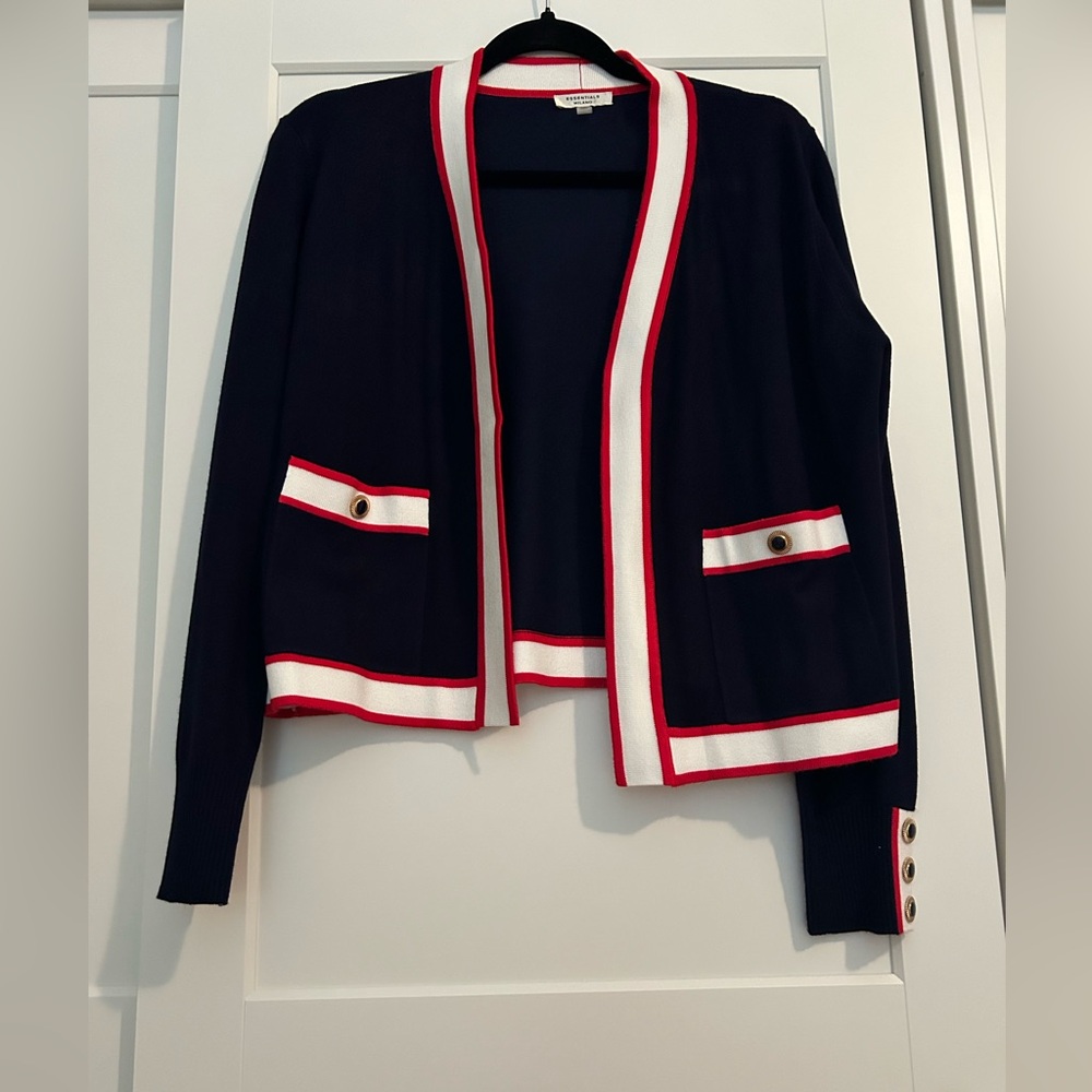 Navy blue red and cream color cardigan with beautiful buttons.  Size Medium.